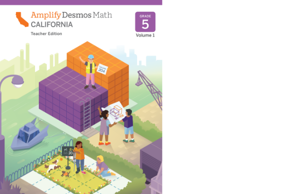 Cover of a 5th grade math teacher edition book showing children interacting with math concepts outdoors, including measuring, drawing, and stacking cubes.