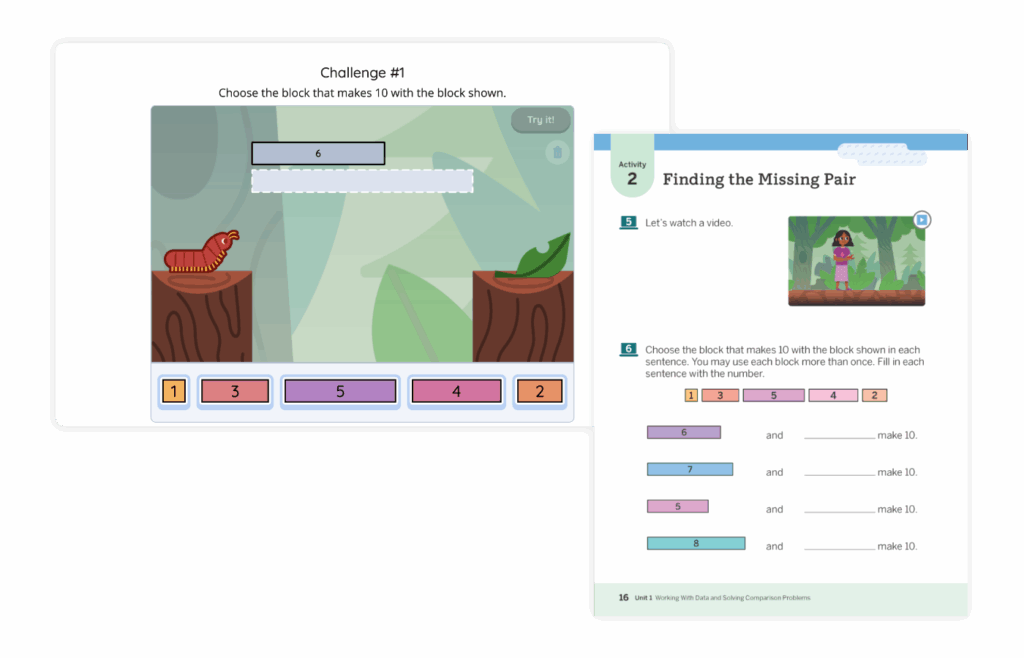 A digital math activity asks users to choose a block that makes 10 with a given number; a worksheet shows a similar "make 10" math exercise with blank spaces to fill in.