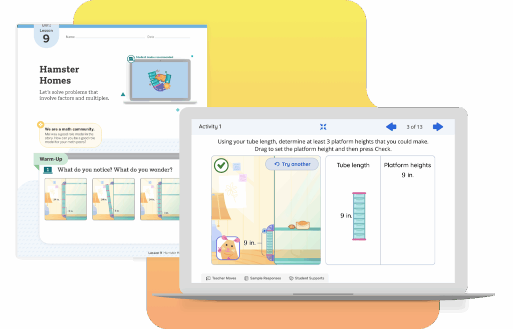 A laptop displays a math activity about platform heights and tube length, while a worksheet titled "Hamster Homes" is visible in the background.
