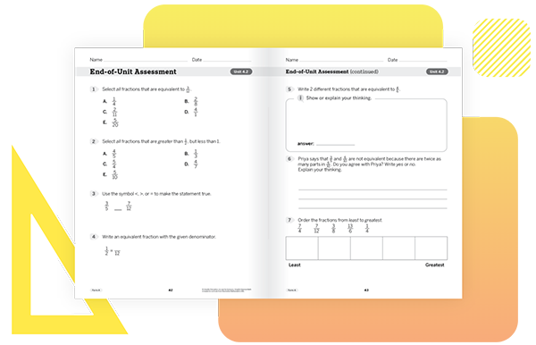Open math workbook showing an End-of-Unit Assessment with multiple-choice and written response questions on fractions and equivalent values.