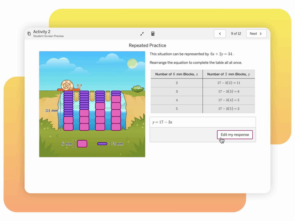 A math activity screen shows a cartoon snail, purple blocks, and a table comparing blocks and a math equation; a cursor hovers over the "Edit my response" button.