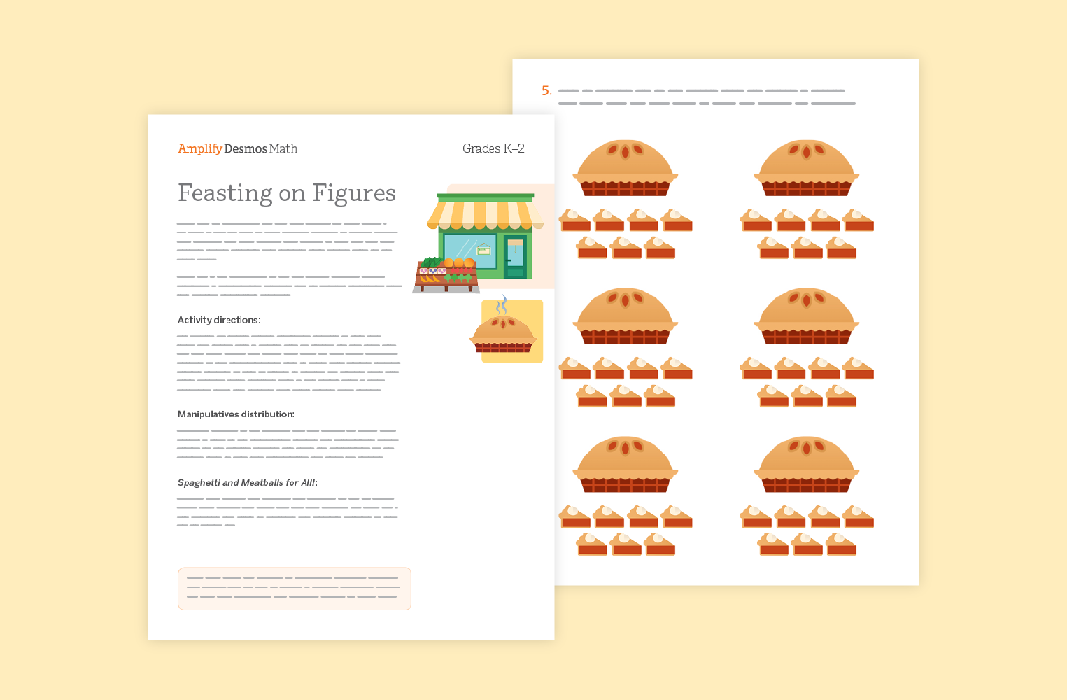 Two worksheet pages titled "Feasting on Figures" showing a storefront and images of pies and slices, designed for grades K-2 math activities.