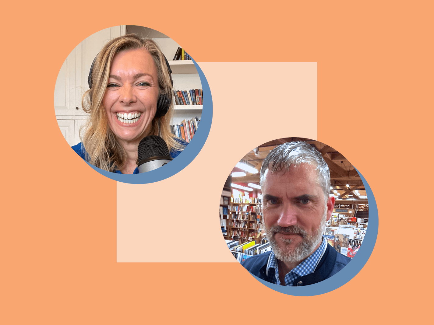 A woman smiling with headphones and a microphone, and a man standing in a bookstore, each in separate circular frames on an orange background.