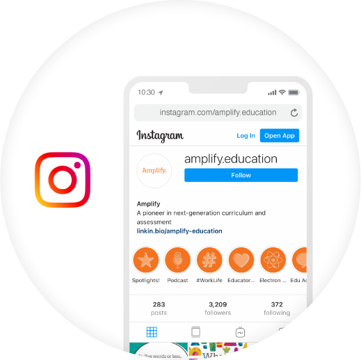 Instagram profile page for amplify.education is displayed on a smartphone screen, showing the profile name, description, and several orange highlight icons. Instagram logo is on the left.