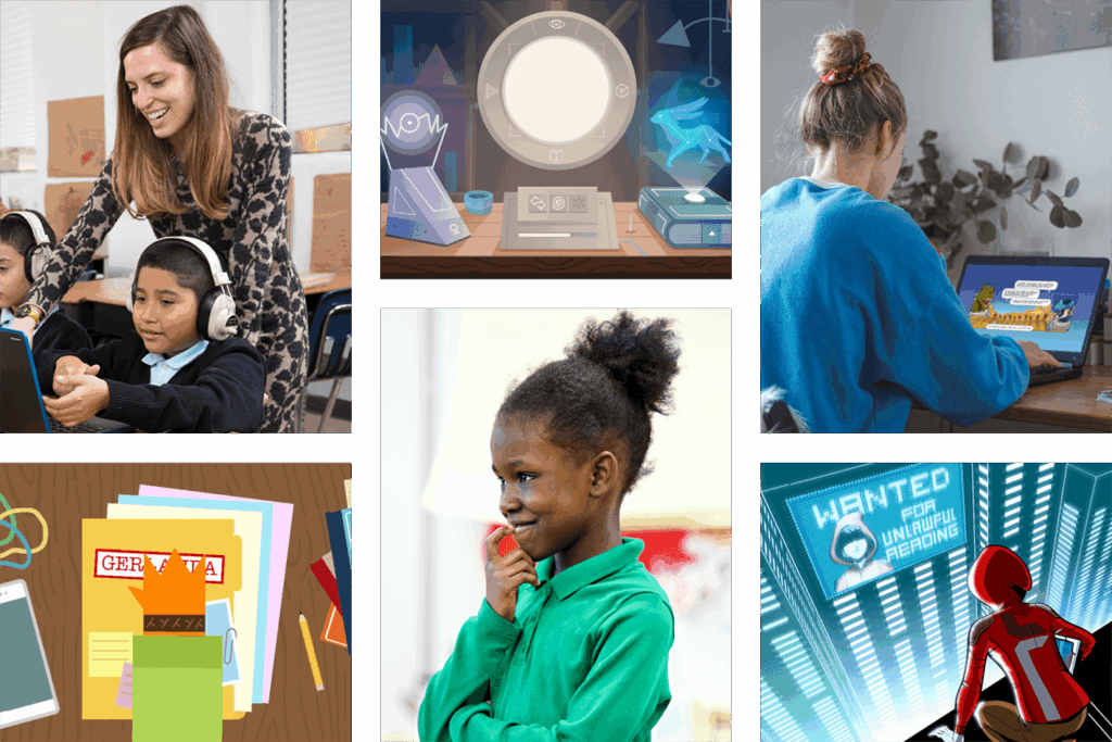 Collage of six diverse images including a teacher with students, amplify curriculum resources & guides, studying, a thinking child, notebook and pen, and a spider-man poster.