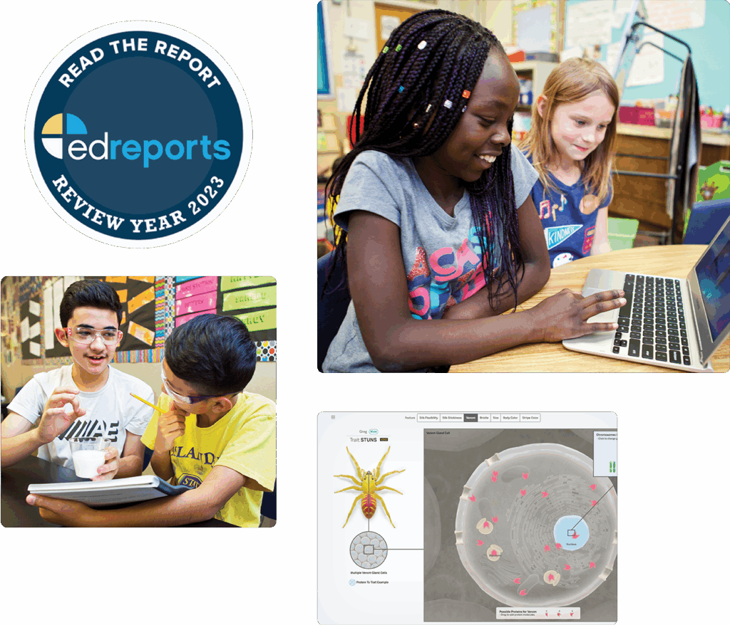 EdReports logo, two students working on a laptop, two students discussing with a tablet, and a close-up of a scientific diagram with a spider and cell structure.