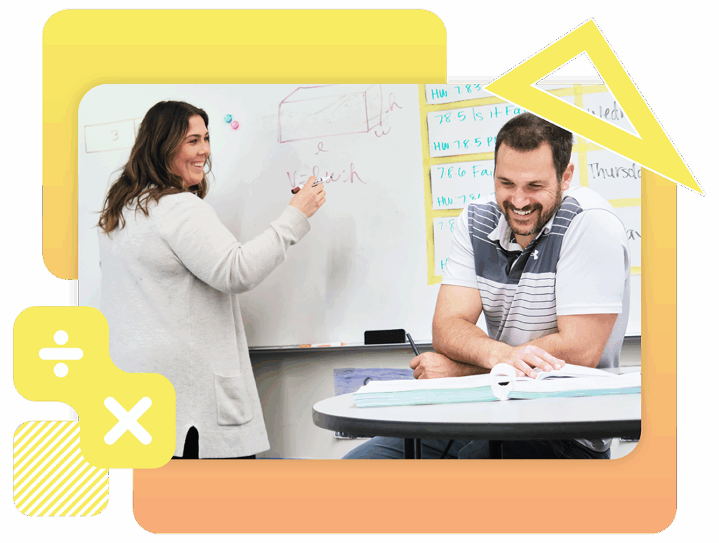 A woman writes on a whiteboard using math teaching resources while a man sits at a desk, smiling. There are books and papers on the desk.