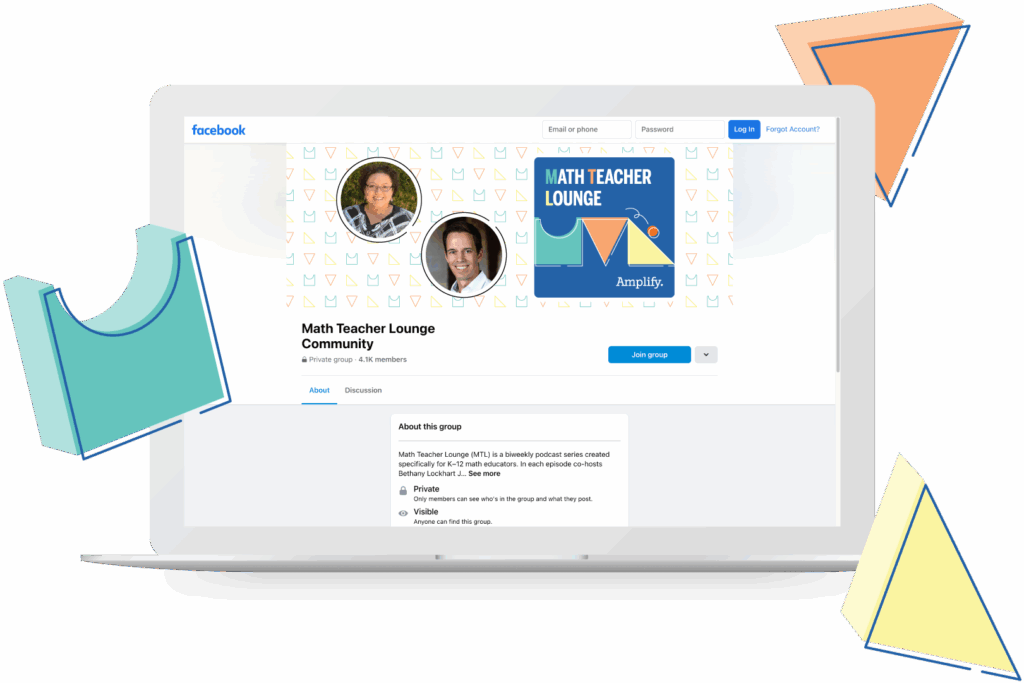 A laptop displaying a Facebook group page for "Math Teacher Lounge Community," featuring profile photos, a group banner, and geometric shapes in the image background.