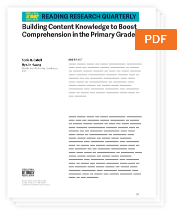 Cover page of a PDF article titled "Building Content Knowledge to Boost Comprehension in the Primary Grades" from Reading Research Quarterly, highlighting authors and a partially visible abstract on literacy research.