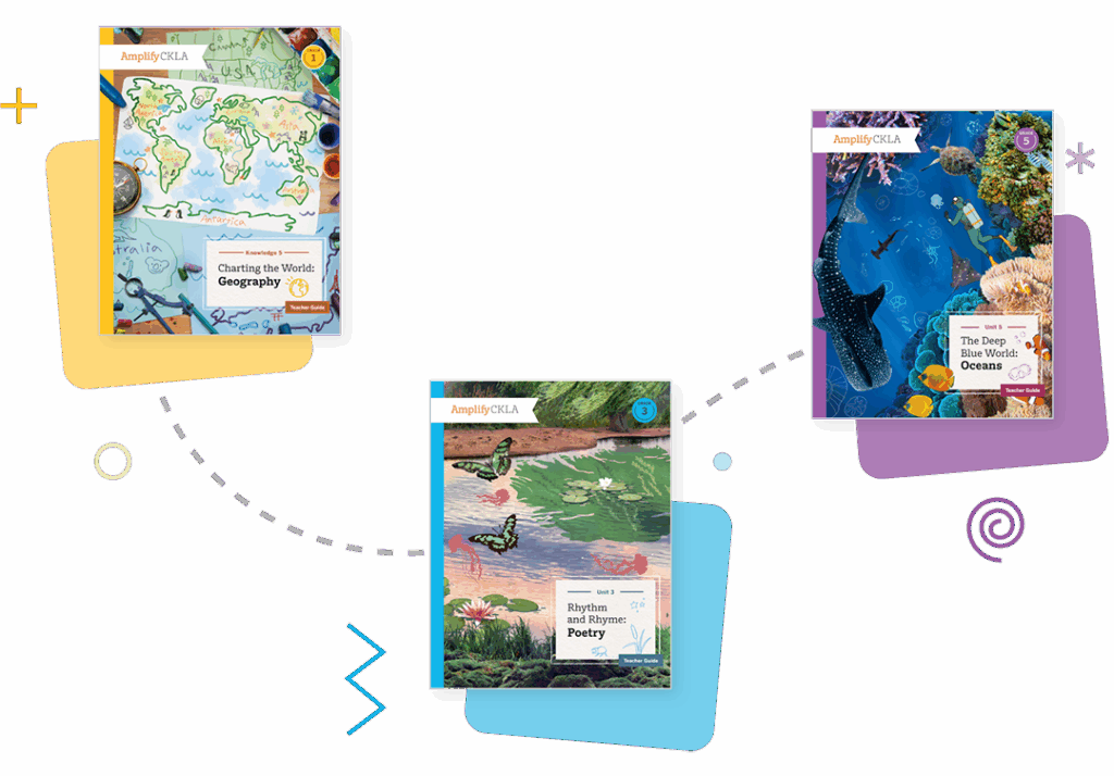 Three educational book covers are displayed: one about geography with a world map, one about poetry with butterflies, and one about oceans with marine life.