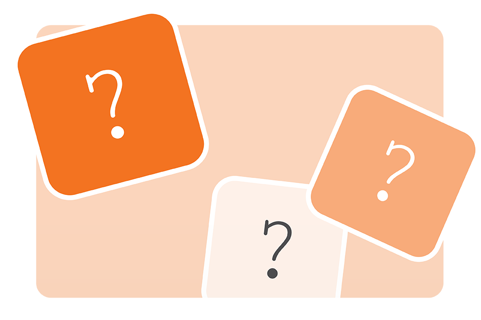 Three overlapping squares with rounded corners, each containing a large question mark, are arranged on a light peach rectangular background.