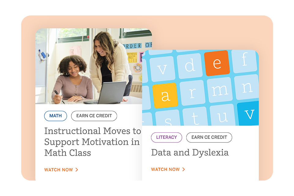 Two educational course cards: one showing a teacher helping a student, titled "Instructional Moves to Support Motivation in Math Class," and another titled "Data and Dyslexia" with alphabet tiles.