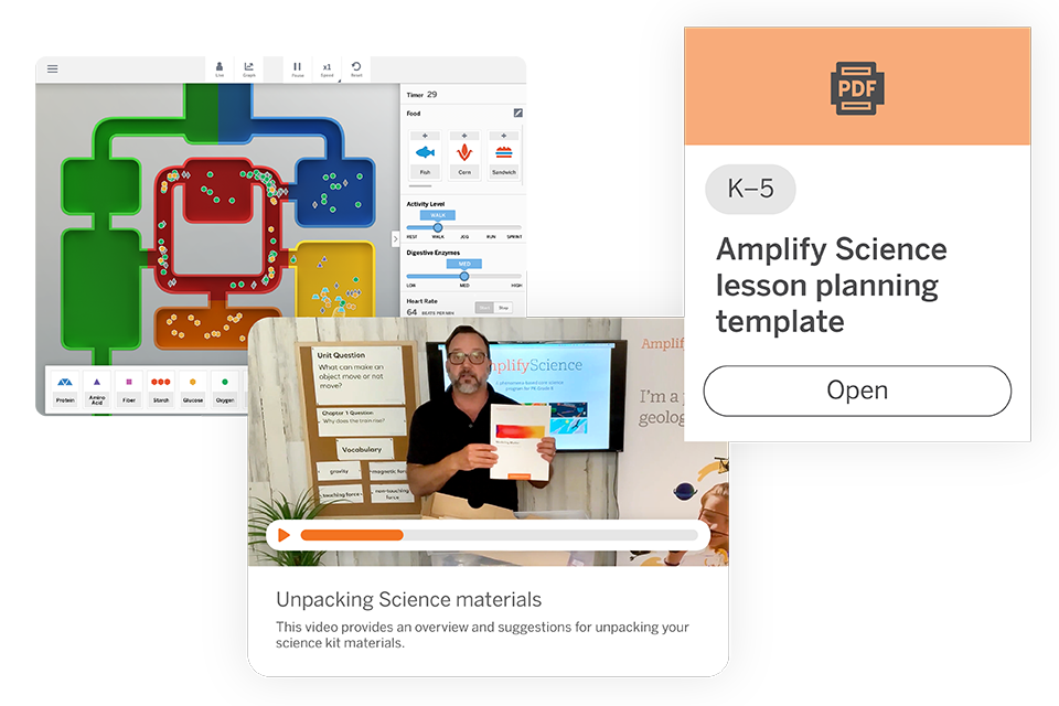 Collage showing a digital science simulation, a teacher demonstrating science materials on video, and a PDF icon for a K–5 Amplify Science lesson planning template.