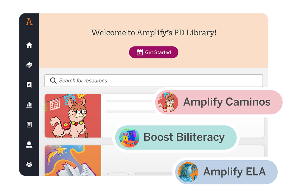 Screenshot of Amplify’s PD Library interface with a search bar, colorful resource cards, and highlighted sections: Amplify Caminos, Boost Biliteracy, and Amplify ELA.