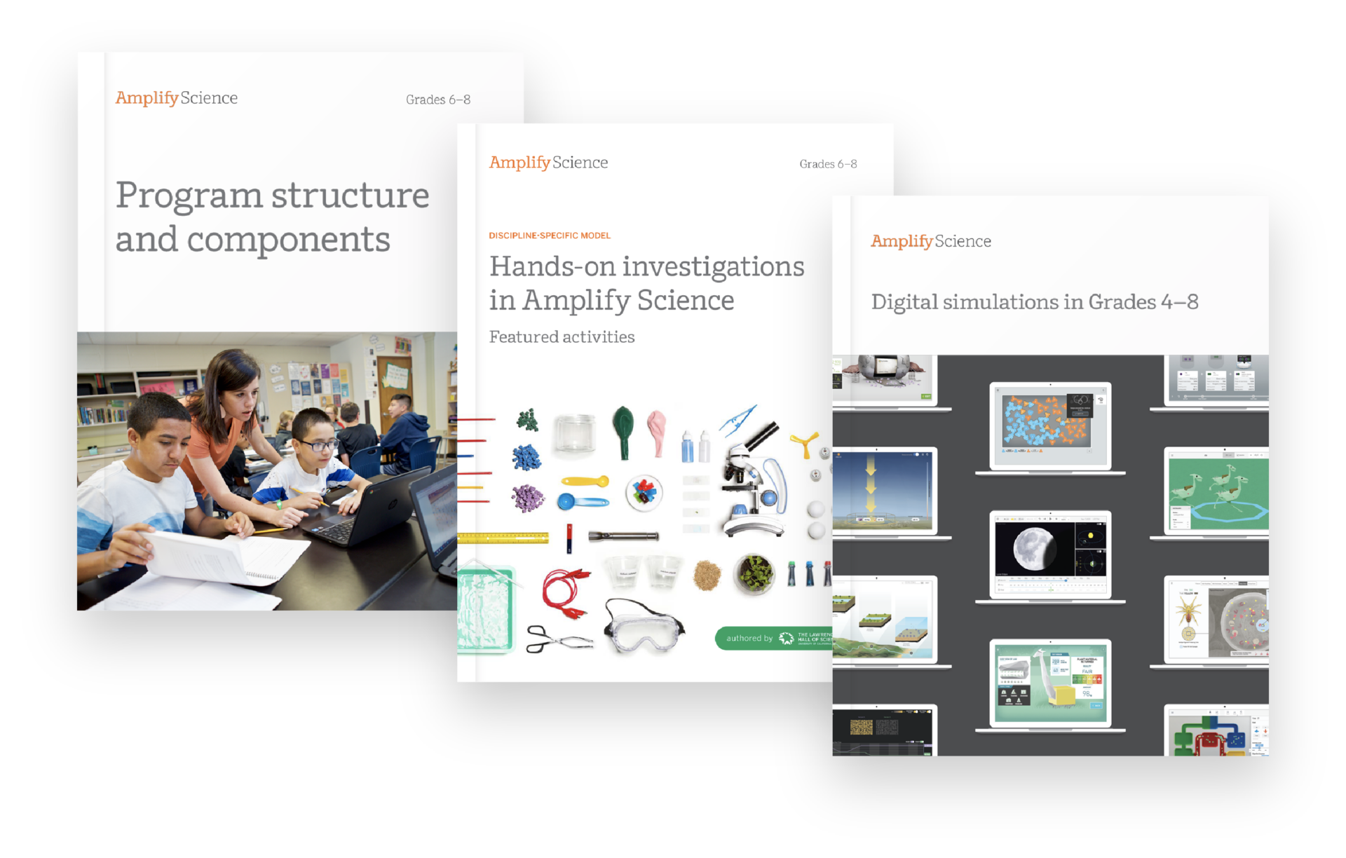Three Amplify Science curriculum book covers for grades 6-8 featuring program structure, hands-on investigations, and digital simulations with relevant images and graphics.