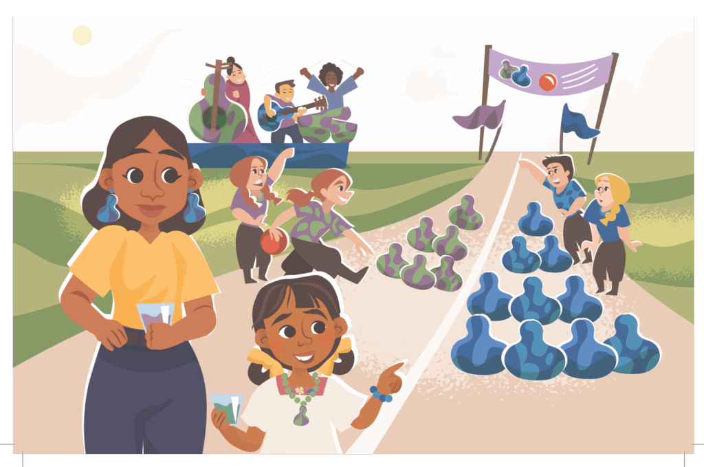 A crowd gathers outdoors near a path lined with blueberry displays; musicians play on a stage, and people interact as a woman and child stand in the foreground holding drinks.