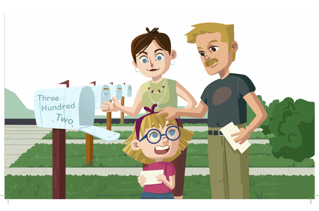 A family stands by a mailbox labeled "Three Hundred Two." In New York, a child holds a letter as an adult pats their head. Another adult, with a desmos math guide in hand, looks on proudly.
