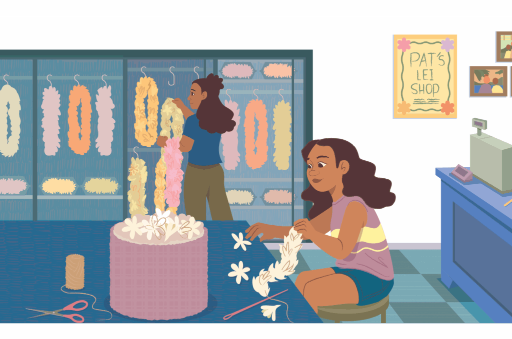 In "Pat's Lei Shop," amidst the floral artistry, one can almost sense the precision akin to solving a New York math problem, with each lei meticulously assembled on a table with scissors, thread, and flowers.