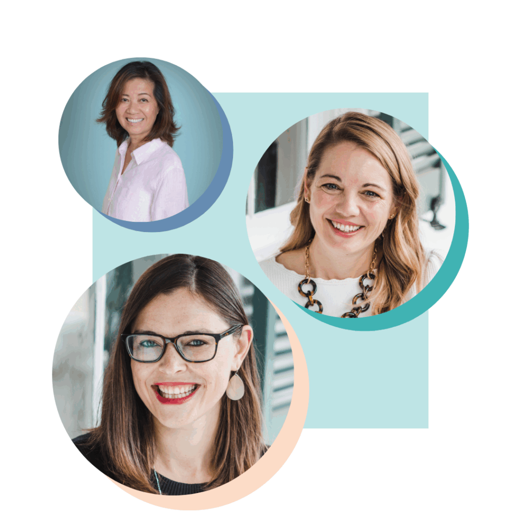 Three women are pictured separately in circular frames, each smiling and facing the camera, against a white background with overlapping pastel shapes—perfect for highlighting math teacher lounge discussions or sharing essential math teacher resources.