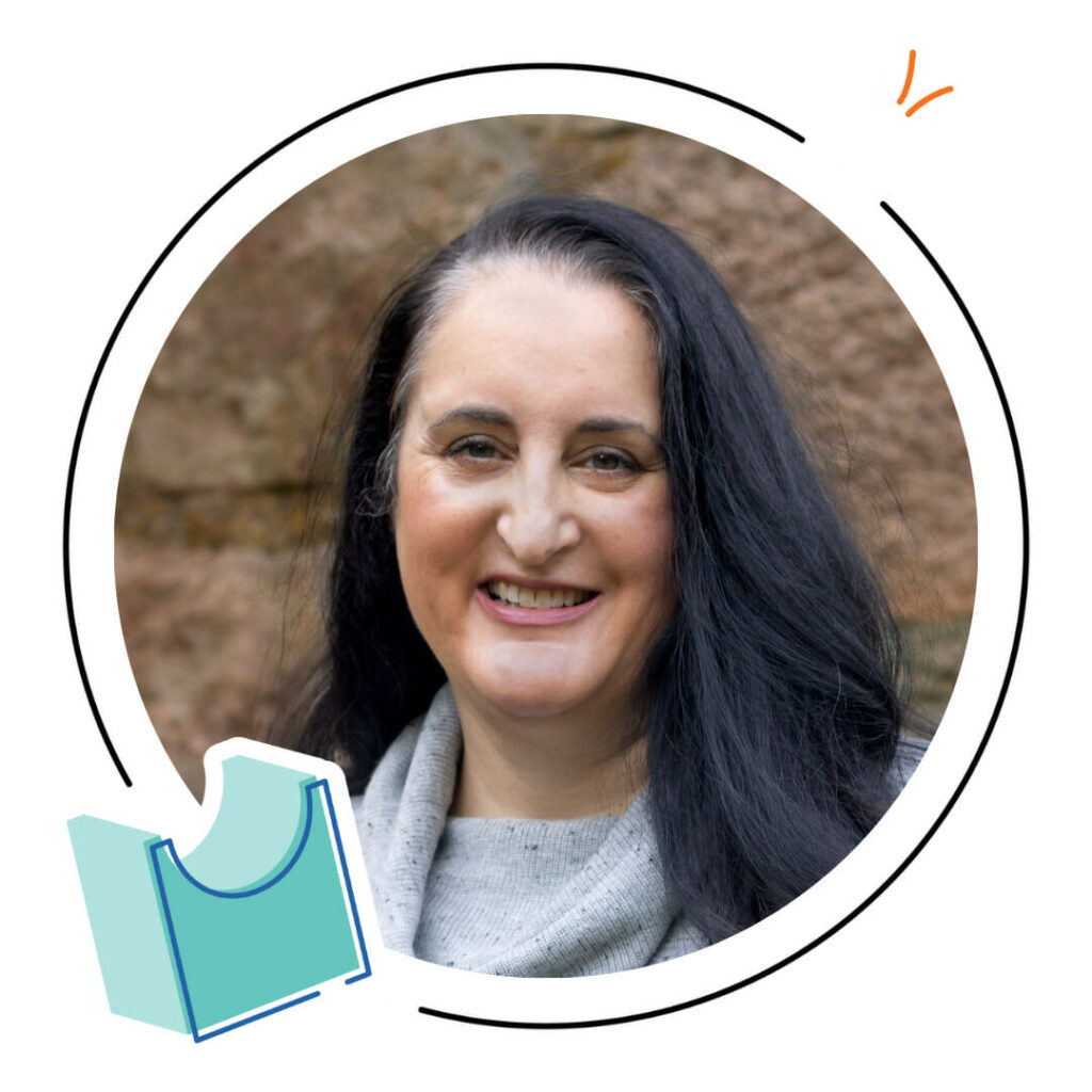 Portrait of a woman with long dark hair, wearing a light gray sweater, smiling in front of a blurred outdoor background, with graphic elements framing the photo—perfect for math teacher resources or a welcoming math teacher lounge.