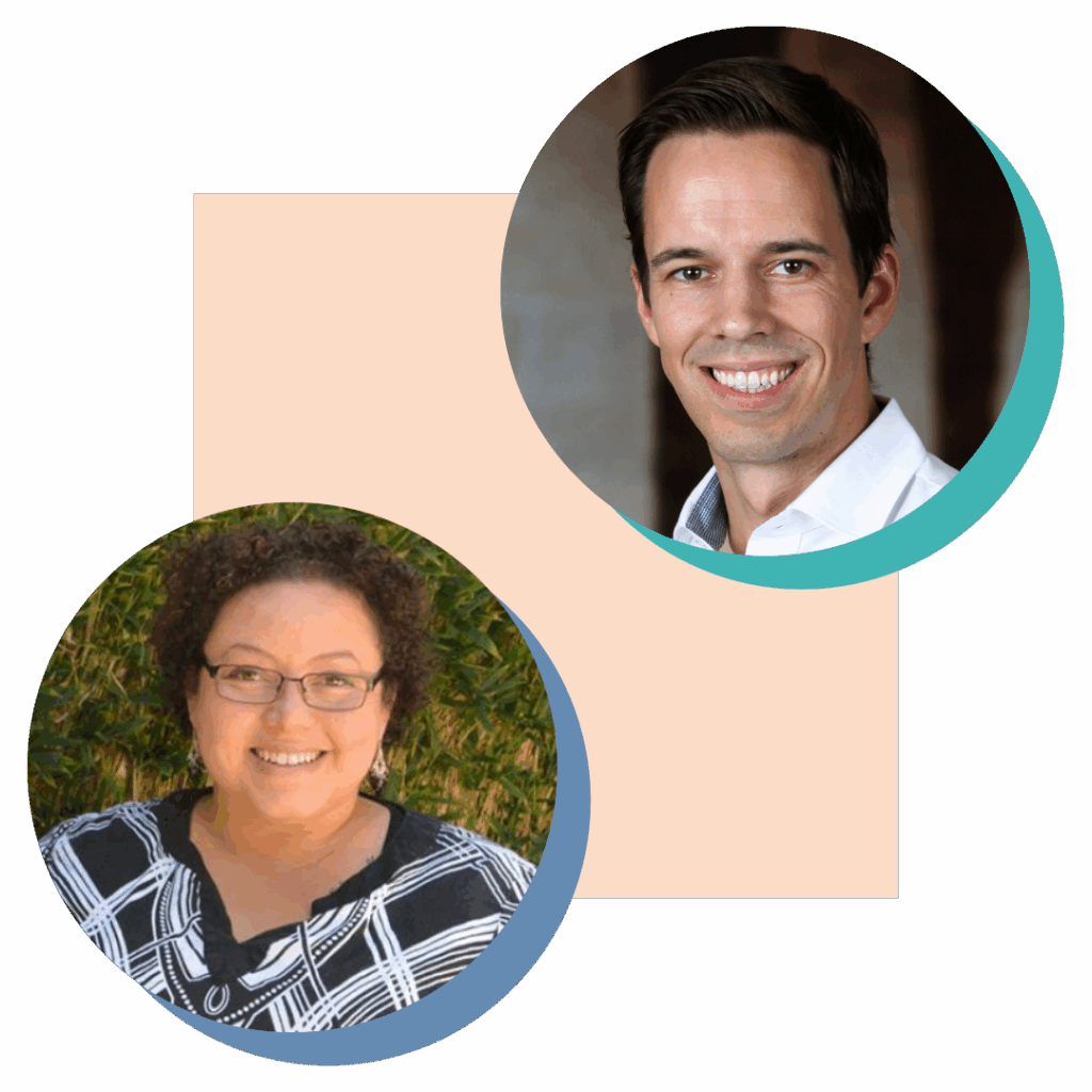 A woman with curly hair and glasses smiles outdoors; a man with short dark hair smiles indoors in front of a blurred math teacher lounge, highlighting valuable math teacher resources.