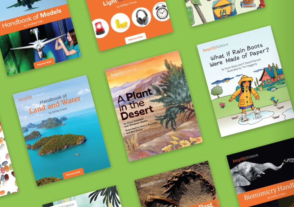 A selection of colorful science-themed books and handbooks with illustrated and photographic covers, arranged diagonally on a green background.