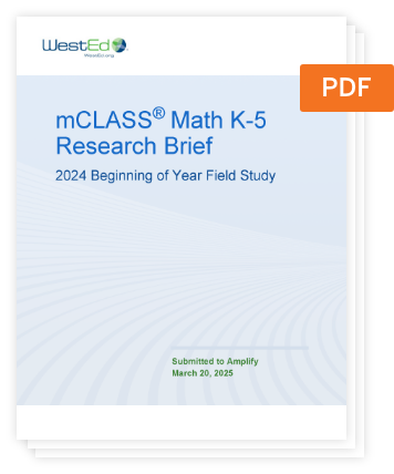 Cover of a PDF titled "mCLASS Math K-5 Research Brief: 2024 Beginning of Year Field Study," featuring insights on mCLASS Math, submitted to Amplify by WestEd on March 20, 2025.