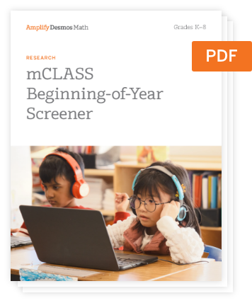 Two young children wearing headphones sit at a desk using a laptop in a classroom. The document title reads "mCLASS Beginning-of-Year Screener," highlighting their engagement with mCLASS Math activities.