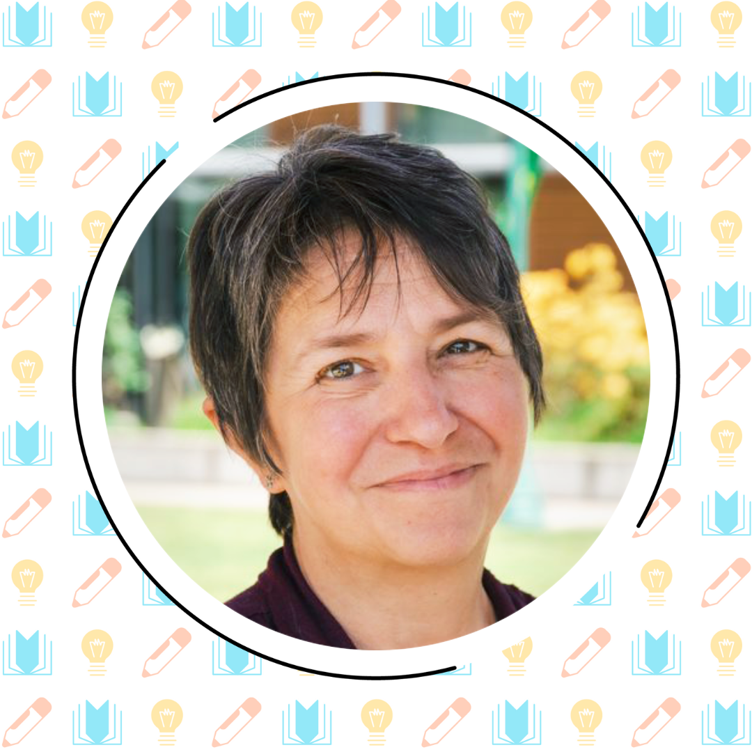 A person with short dark hair smiles at the camera. The background has blurred greenery. A circular border with a patterned design of books, pencils, and lightbulbs frames the image, hinting at themes like reading comprehension and literacy programs.