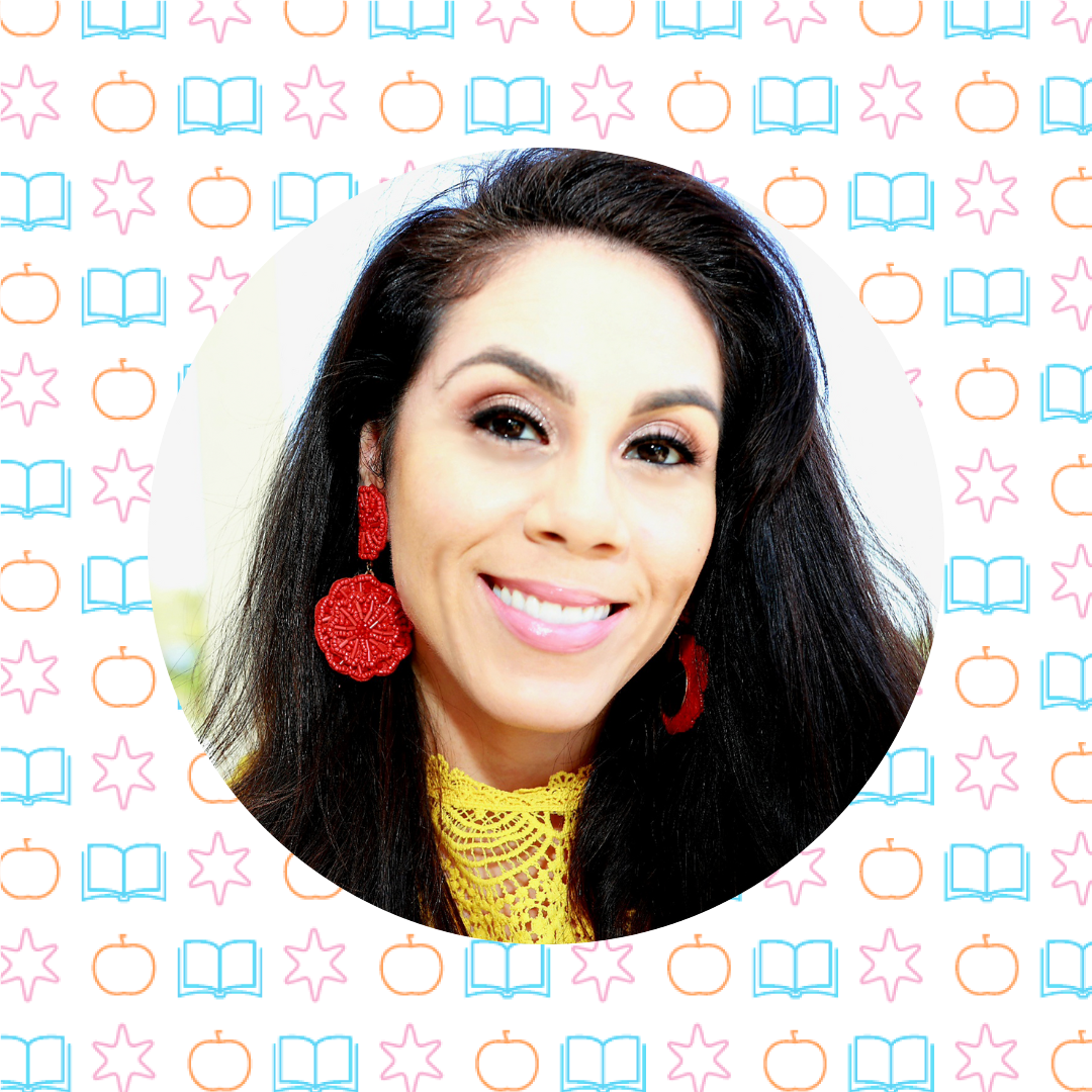 Smiling woman with long dark hair, wearing red earrings and a yellow top, in front of a background with repeating star, apple, and book icons—perfect for sharing teaching tips or hosting a vibrant teaching podcast.