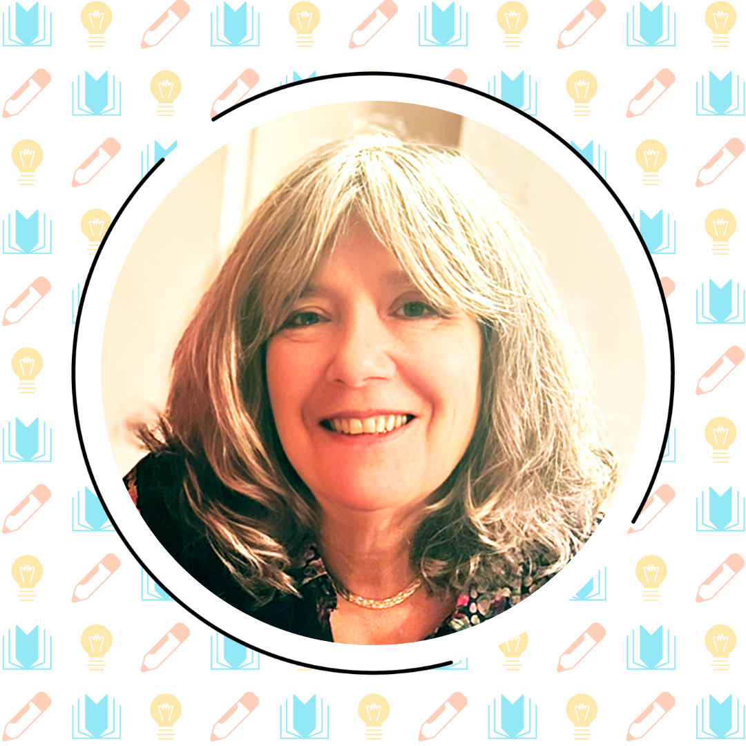 A woman with light brown, shoulder-length hair smiles at the camera. The background features a pattern of books, pencils, and lightbulbs, evoking themes of comprehension and literacy programs.