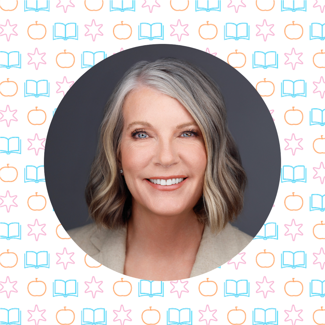 Portrait of a smiling woman with shoulder-length gray hair in front of a gray background, surrounded by a border with book, star, and apple icons, inspired by the Science of Self Control and her popular teaching podcast.