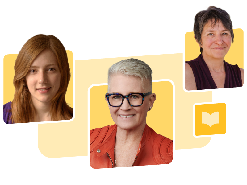 Three women are pictured in individual portrait frames on a yellow and white background, with a book icon beside them.