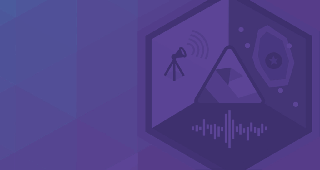 A geometric badge with a mountain, telescope, and audio wave icons on a purple background with polygonal shapes.