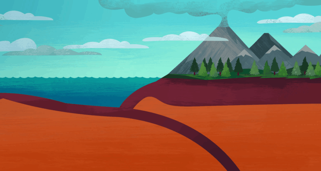 Illustration of a volcano by the sea with smoke, trees, mountains, and a cross-section showing a fault line beneath the ground.