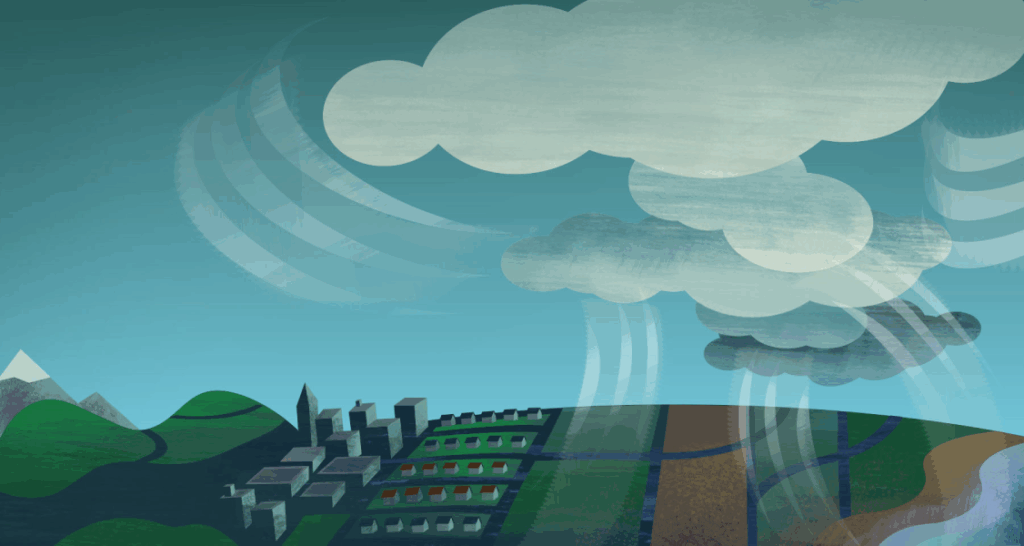 Illustration of a town with houses and fields under a sky with large clouds and swirling wind patterns, set against a backdrop of hills and mountains.