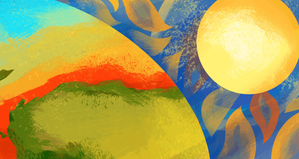 Abstract digital painting of a landscape with green hills, a red-orange horizon, and a large yellow sun surrounded by blue and orange swirling shapes on the right.