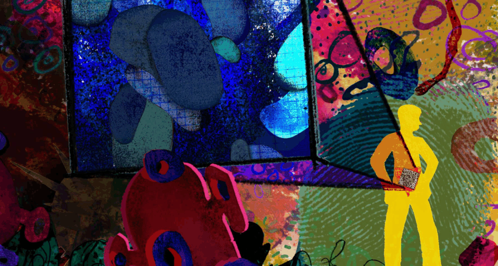 Colorful abstract digital artwork featuring a yellow figure holding a device, with blue and red shapes and textured patterns in the background.