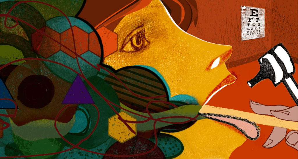 An abstract illustration of a person having their mouth and throat examined with a tongue depressor, surrounded by colorful shapes, with an eye chart in the background.