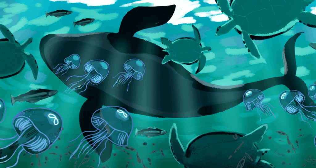 An underwater scene shows a whale surrounded by jellyfish, sea turtles, and fish, with sunlight filtering through the water.