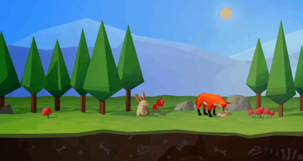 A low-poly landscape with trees, mushrooms, a rabbit sitting, and a fox bending down near another rabbit under a sunny sky with mountains in the background.