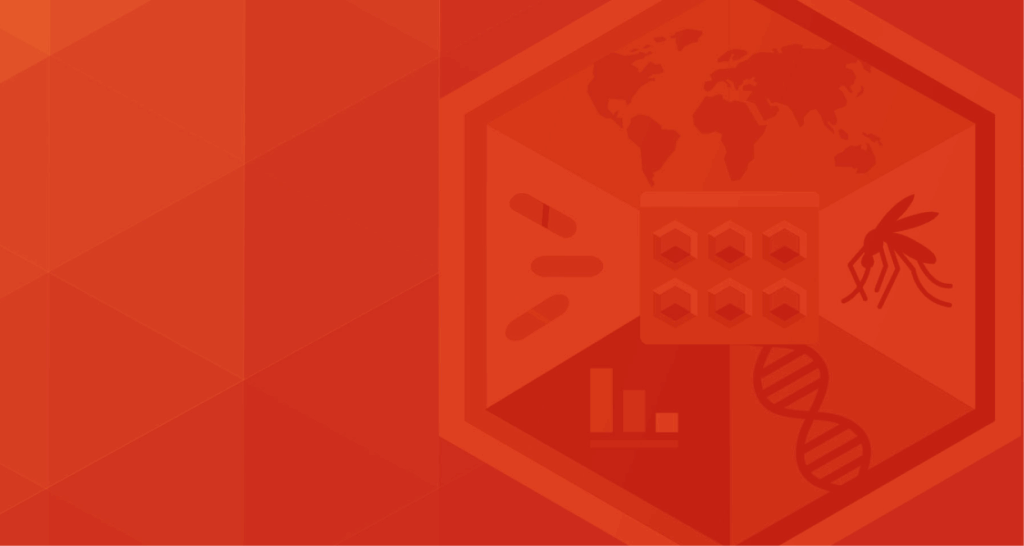 Red-toned graphic with hexagonal badge featuring a world map, a mosquito, a DNA strand, charts, cubes, and circular icons. Geometric background pattern.