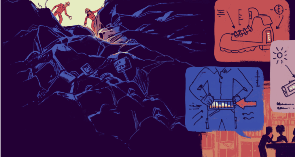 Two people climb over rocky terrain strewn with electronic waste, with illustrated insets showing a hiking boot, a solar-powered device, and a person adjusting a belt-like gadget.