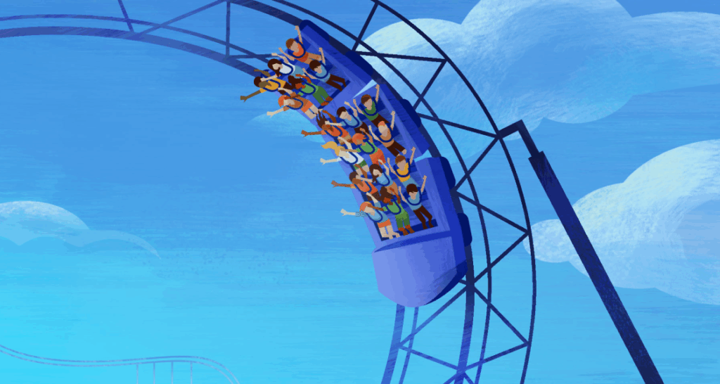 Illustration of a roller coaster car full of people with raised arms, speeding down a loop against a blue sky with clouds.