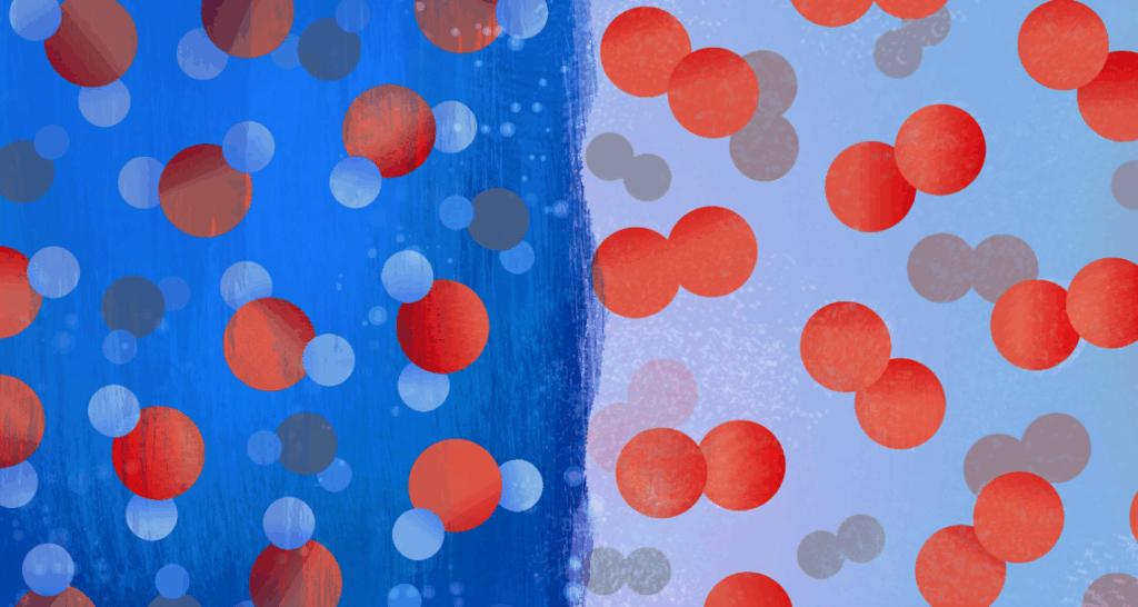 Digital illustration showing red and blue molecules on a blue background transitioning to a lighter background, representing molecular diffusion across a boundary.