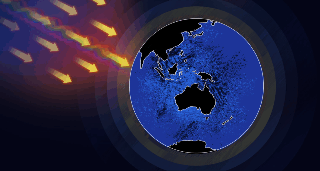 Illustration of Earth with yellow arrows and colored waves approaching from the left, representing incoming solar or cosmic radiation.