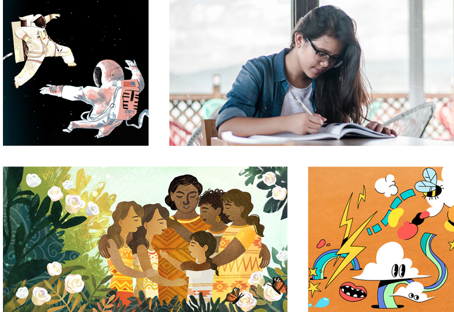 A collage with illustrations of astronauts, a family, and an abstract cartoon, and a photo of a woman writing in a notebook at a table.