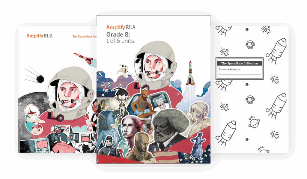 Three educational book covers about the space race, featuring illustrations of astronauts, rockets, historical figures, and scientific imagery.