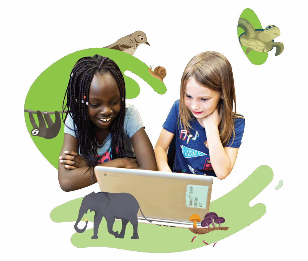 Two young girls sit together and look at a laptop, surrounded by illustrations of animals and plants, including an elephant, turtle, sloth, and mushrooms.