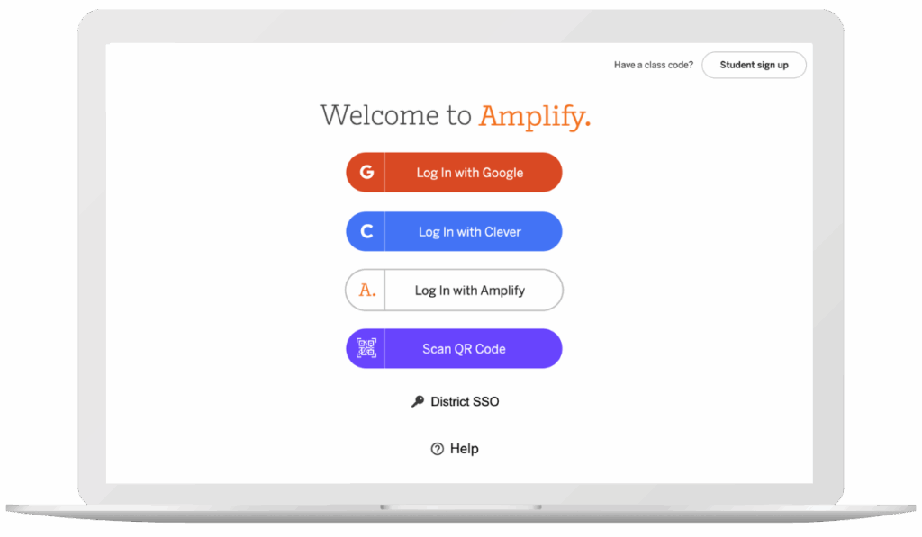 A laptop screen displays the Amplify login page with options to log in using Google, Clever, Amplify, QR code, or District SSO. Help and sign-up links are also visible.